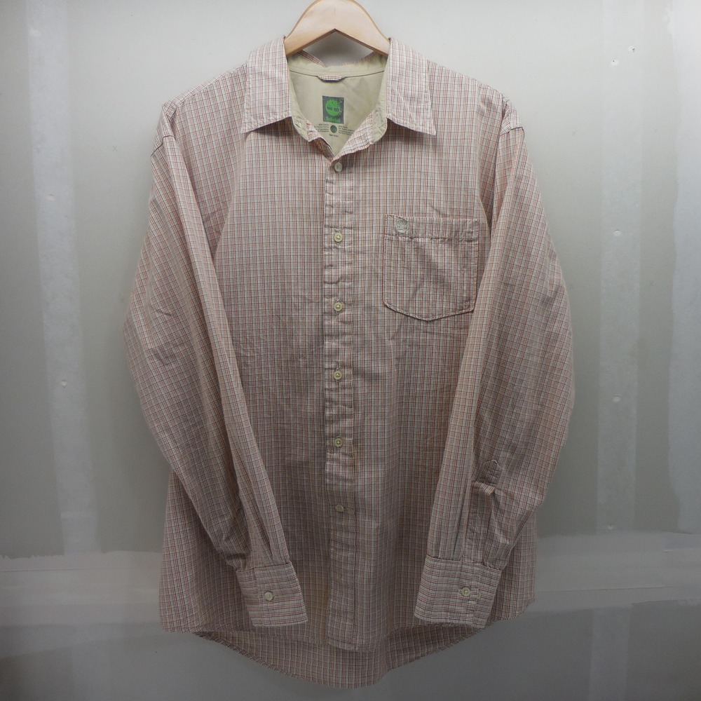 Timberland Mens Large Plaid Button Up Shirt Long Sleeve Orange Tan Cotton